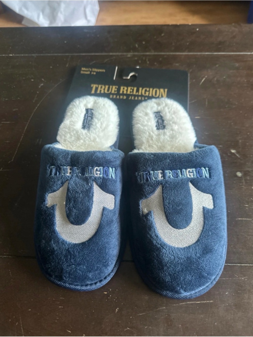 True Religion Navy Blue Plush Logo Slippers